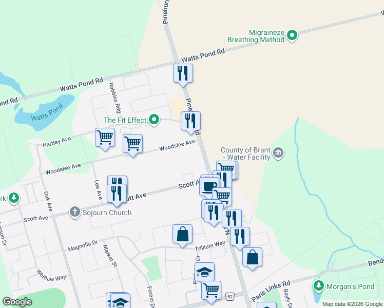 map of restaurants, bars, coffee shops, grocery stores, and more near in Brant