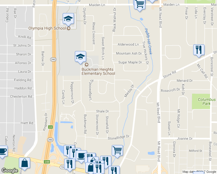 map of restaurants, bars, coffee shops, grocery stores, and more near 26 Ledgewood Circle in Rochester