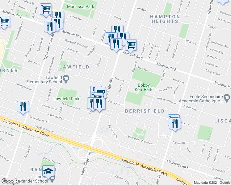 map of restaurants, bars, coffee shops, grocery stores, and more near 14 Michael Avenue in Hamilton