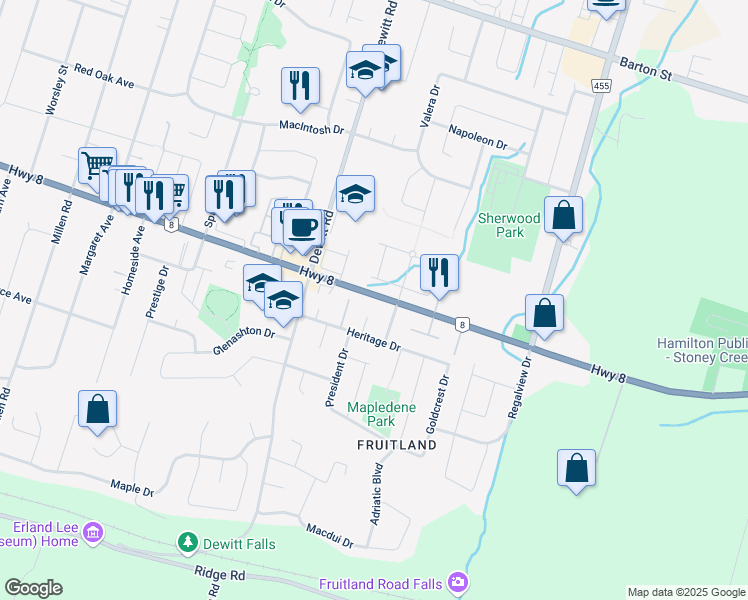 map of restaurants, bars, coffee shops, grocery stores, and more near 568 Highway 8 in Hamilton