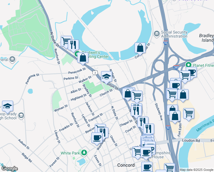 map of restaurants, bars, coffee shops, grocery stores, and more near 4 Church Street in Concord