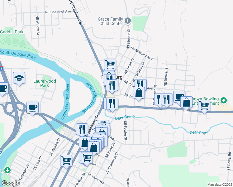 map of restaurants, bars, coffee shops, grocery stores, and more near 411 Northeast Nash Street in Roseburg