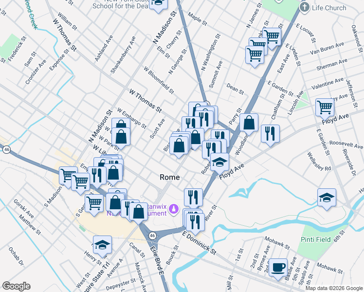 map of restaurants, bars, coffee shops, grocery stores, and more near 106 West Embargo Street in Rome