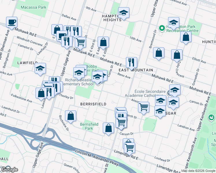 map of restaurants, bars, coffee shops, grocery stores, and more near 14 Dubarry Boulevard in Hamilton