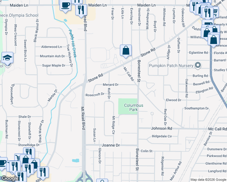map of restaurants, bars, coffee shops, grocery stores, and more near 120 Rosecroft Drive in Rochester