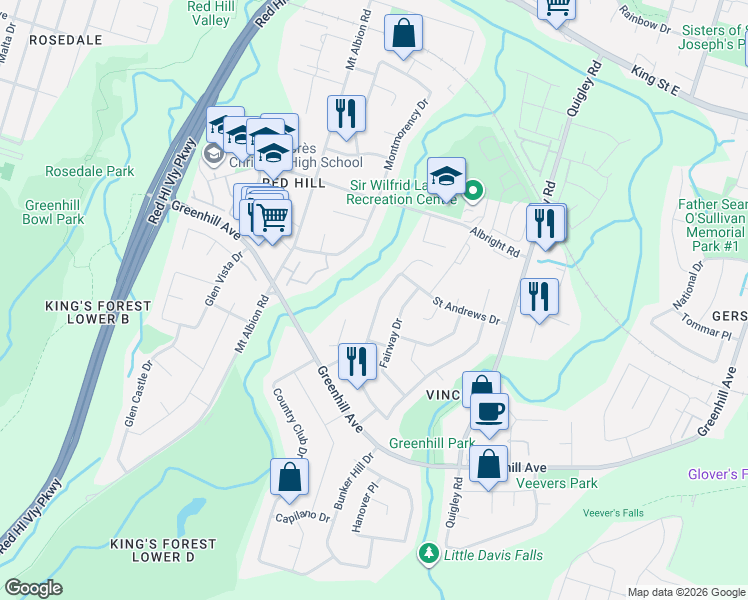 map of restaurants, bars, coffee shops, grocery stores, and more near 148 Saint Andrews Drive in Hamilton