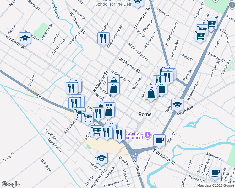 map of restaurants, bars, coffee shops, grocery stores, and more near 220 West Court Street in Rome