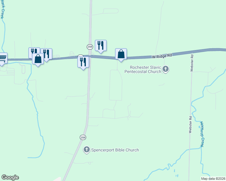 map of restaurants, bars, coffee shops, grocery stores, and more near 39 Loretta Drive in Spencerport