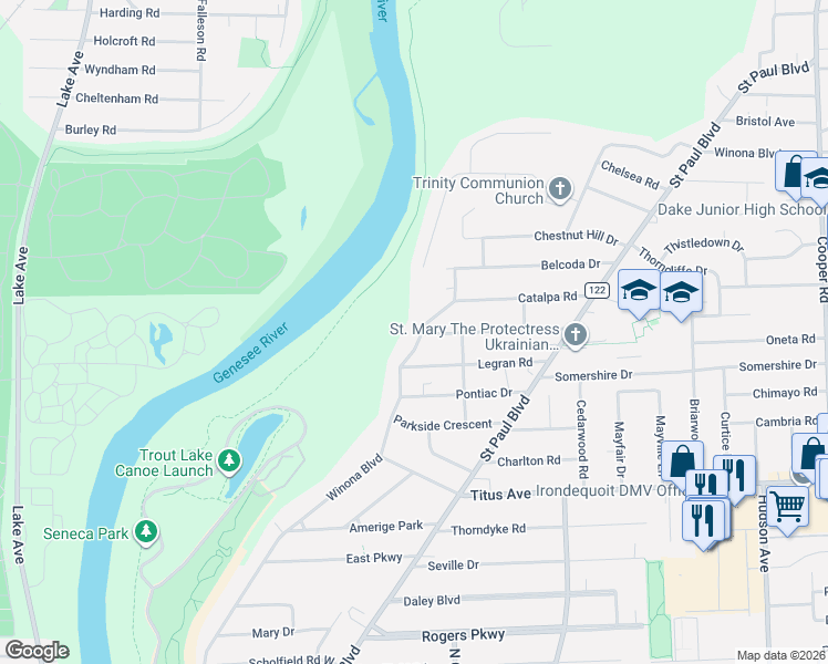 map of restaurants, bars, coffee shops, grocery stores, and more near 585 Winona Boulevard in Irondequoit