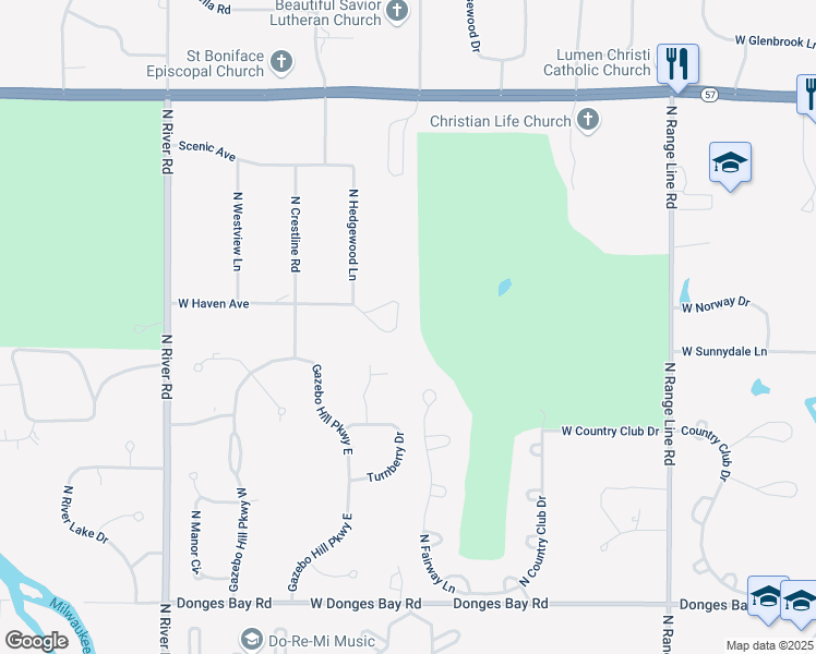 map of restaurants, bars, coffee shops, grocery stores, and more near 3611 West Haven Court in Mequon
