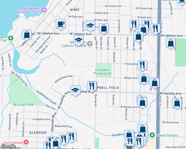 map of restaurants, bars, coffee shops, grocery stores, and more near 2081 Barclay Street in Muskegon