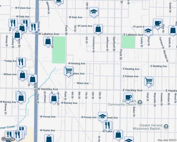 map of restaurants, bars, coffee shops, grocery stores, and more near 2025 6th Street in Muskegon Heights