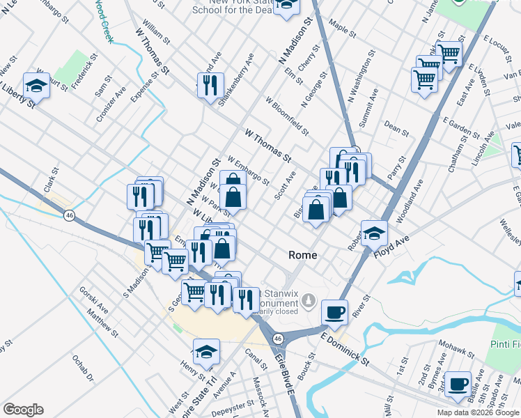 map of restaurants, bars, coffee shops, grocery stores, and more near 220 West Court Street in Rome