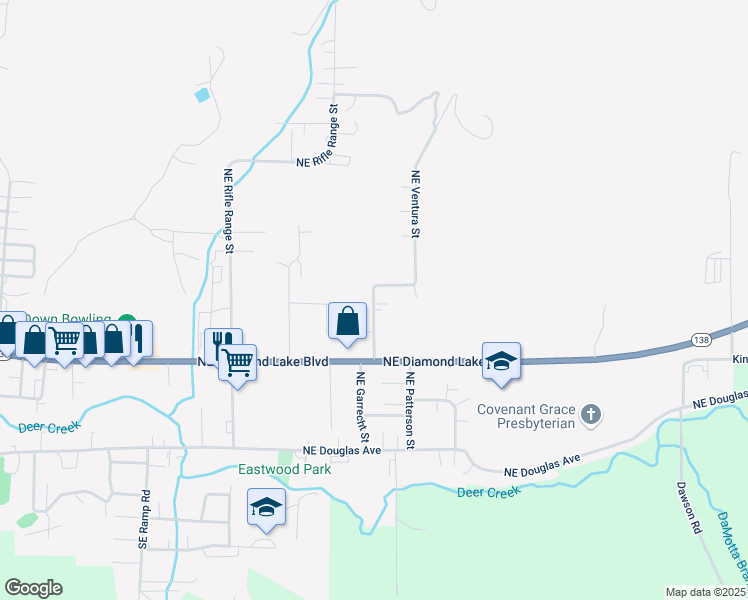 map of restaurants, bars, coffee shops, grocery stores, and more near 432 Northeast Miguel Avenue in Roseburg