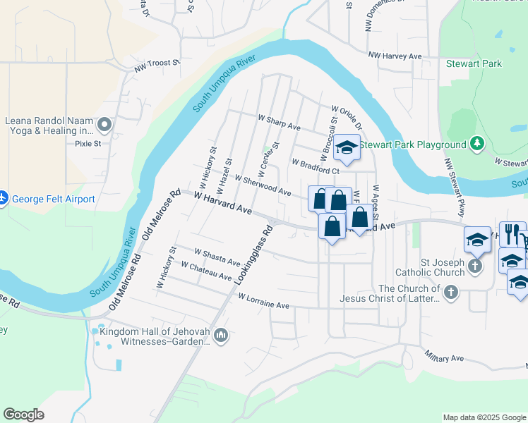 map of restaurants, bars, coffee shops, grocery stores, and more near 575 West Center Street in Roseburg