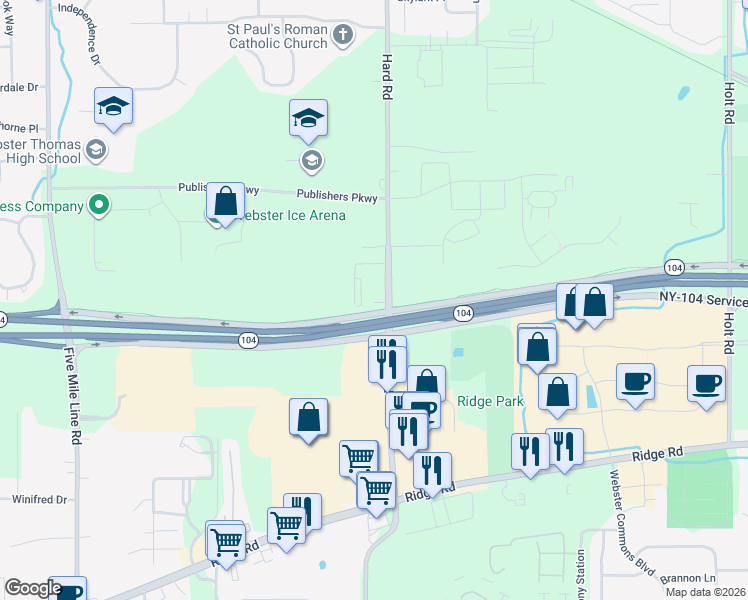 map of restaurants, bars, coffee shops, grocery stores, and more near 893 Hard Road in Webster