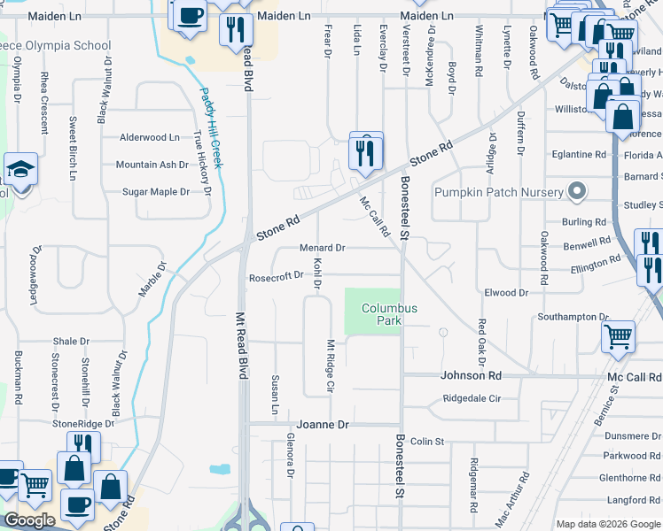 map of restaurants, bars, coffee shops, grocery stores, and more near 120 Rosecroft Drive in Rochester