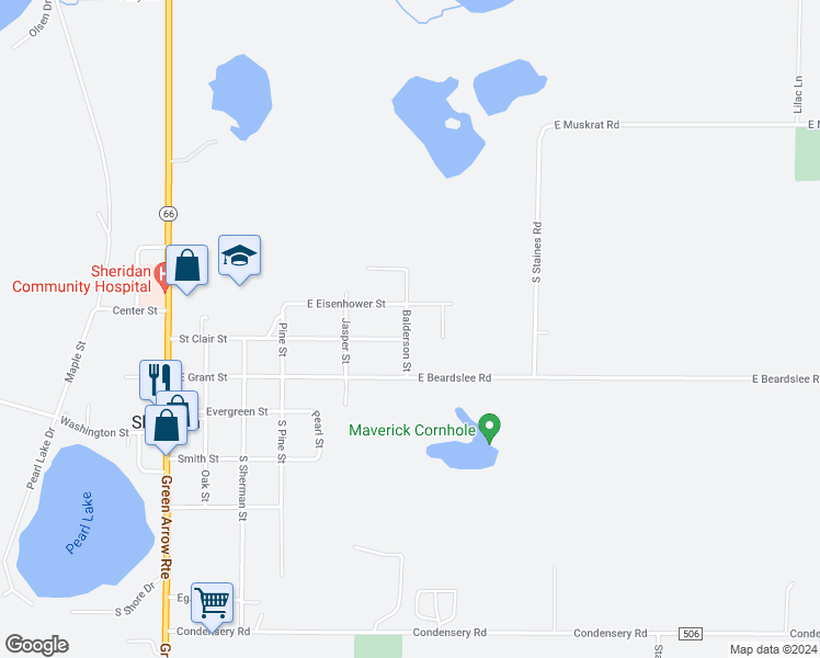 map of restaurants, bars, coffee shops, grocery stores, and more near 421 Balderson Street in Sheridan