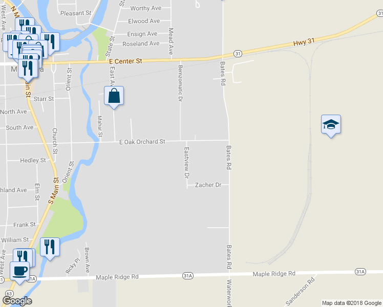 map of restaurants, bars, coffee shops, grocery stores, and more near 106 Eastview Drive in Medina