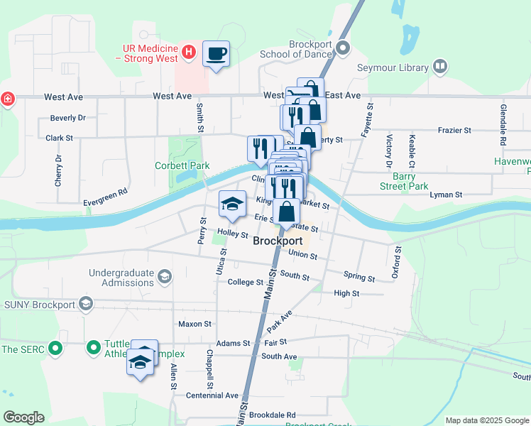 map of restaurants, bars, coffee shops, grocery stores, and more near 26 Erie Street in Brockport