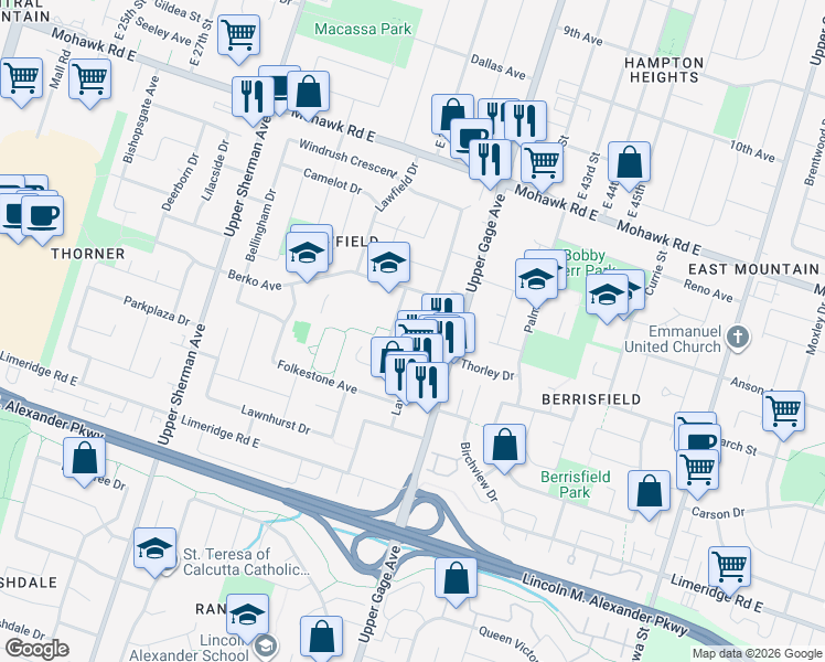 map of restaurants, bars, coffee shops, grocery stores, and more near 63 Edwina Court in Hamilton