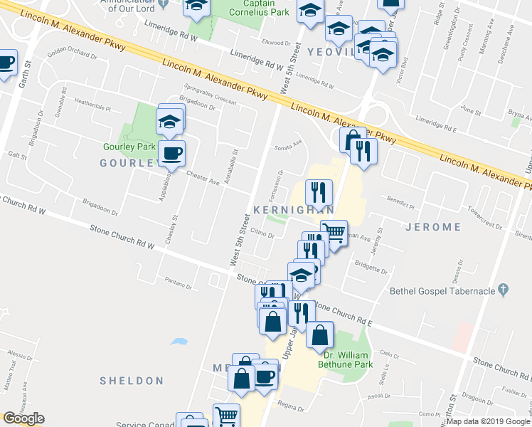 map of restaurants, bars, coffee shops, grocery stores, and more near 240 Fortissimo Drive in Hamilton