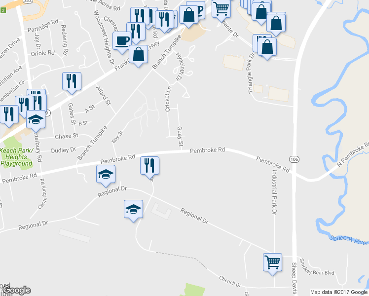 map of restaurants, bars, coffee shops, grocery stores, and more near 147 Pembroke Road in Concord