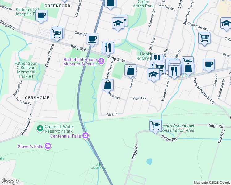 map of restaurants, bars, coffee shops, grocery stores, and more near 43 Wyngate Avenue in Hamilton