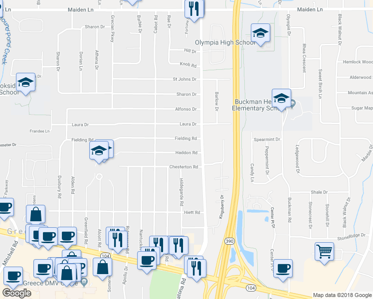 map of restaurants, bars, coffee shops, grocery stores, and more near 46 Haddon Road in Rochester