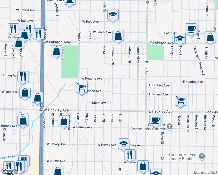 map of restaurants, bars, coffee shops, grocery stores, and more near 2025 6th Street in Muskegon Heights