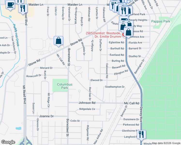 map of restaurants, bars, coffee shops, grocery stores, and more near 280 Elwood Drive in Rochester
