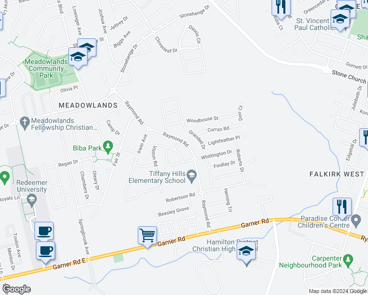 map of restaurants, bars, coffee shops, grocery stores, and more near 173 Raymond Road in Hamilton