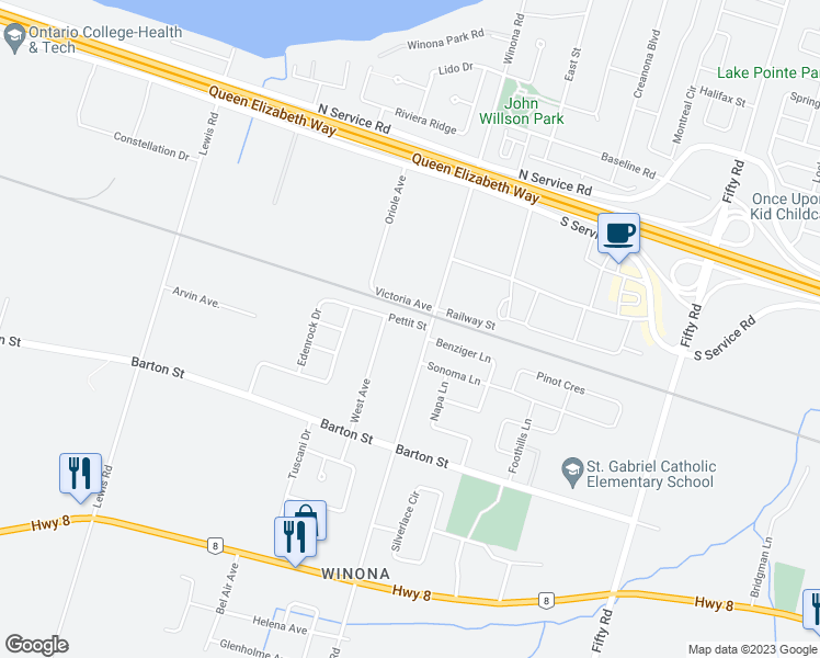 map of restaurants, bars, coffee shops, grocery stores, and more near 27 Pettit Street in Hamilton