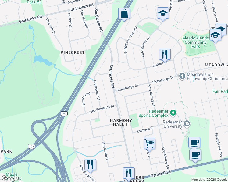 map of restaurants, bars, coffee shops, grocery stores, and more near 5 Stonehenge Drive in Hamilton