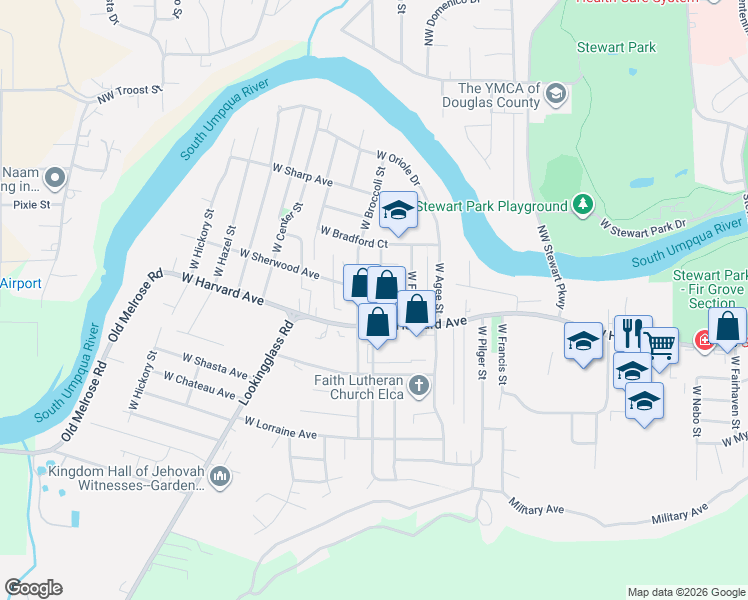 map of restaurants, bars, coffee shops, grocery stores, and more near 556 West Shenandoah Street in Roseburg