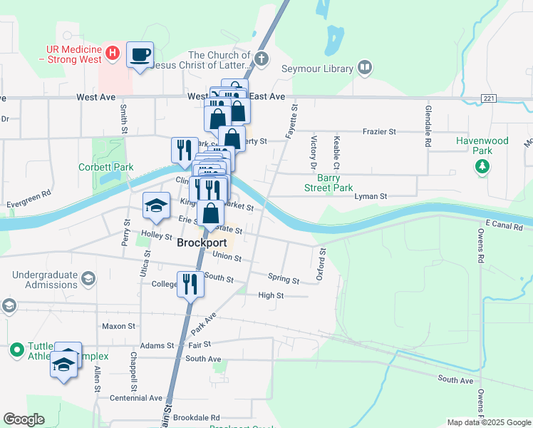 map of restaurants, bars, coffee shops, grocery stores, and more near 5 Park Avenue in Brockport