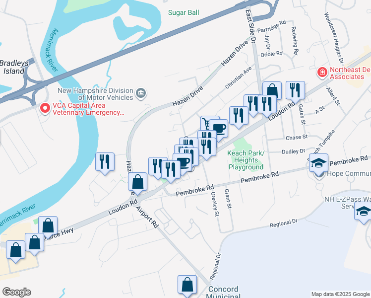map of restaurants, bars, coffee shops, grocery stores, and more near 47 Prescott Street in Concord