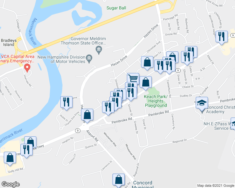 map of restaurants, bars, coffee shops, grocery stores, and more near 47 Prescott Street in Concord