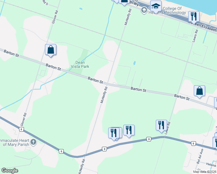 map of restaurants, bars, coffee shops, grocery stores, and more near 1024 Barton Street in Hamilton