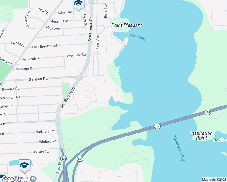 map of restaurants, bars, coffee shops, grocery stores, and more near 625 Seneca Road in Rochester