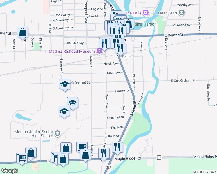 map of restaurants, bars, coffee shops, grocery stores, and more near 909 West Avenue in Medina