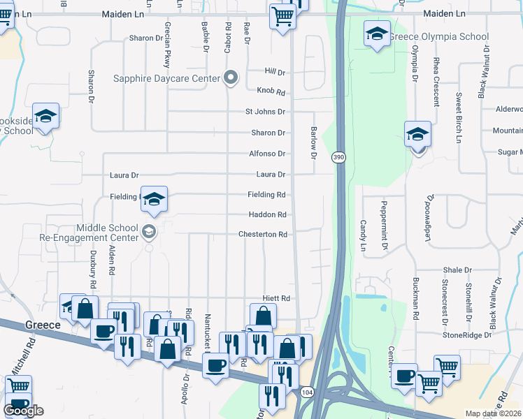 map of restaurants, bars, coffee shops, grocery stores, and more near 68 Haddon Road in Rochester