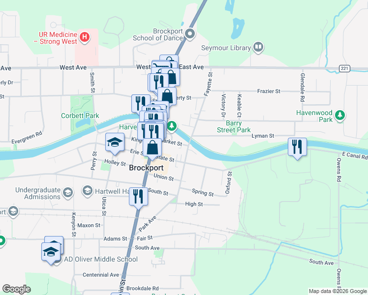 map of restaurants, bars, coffee shops, grocery stores, and more near 62 Market Street in Brockport