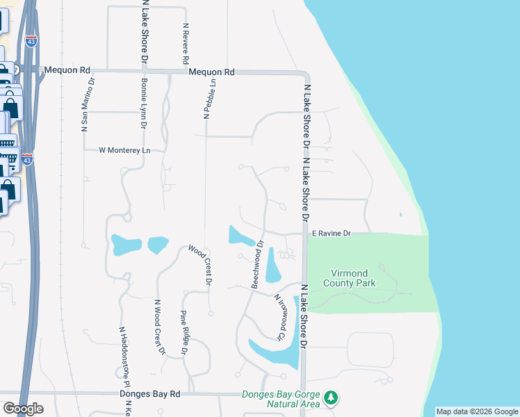 map of restaurants, bars, coffee shops, grocery stores, and more near 10818 North Ravine Court in Mequon