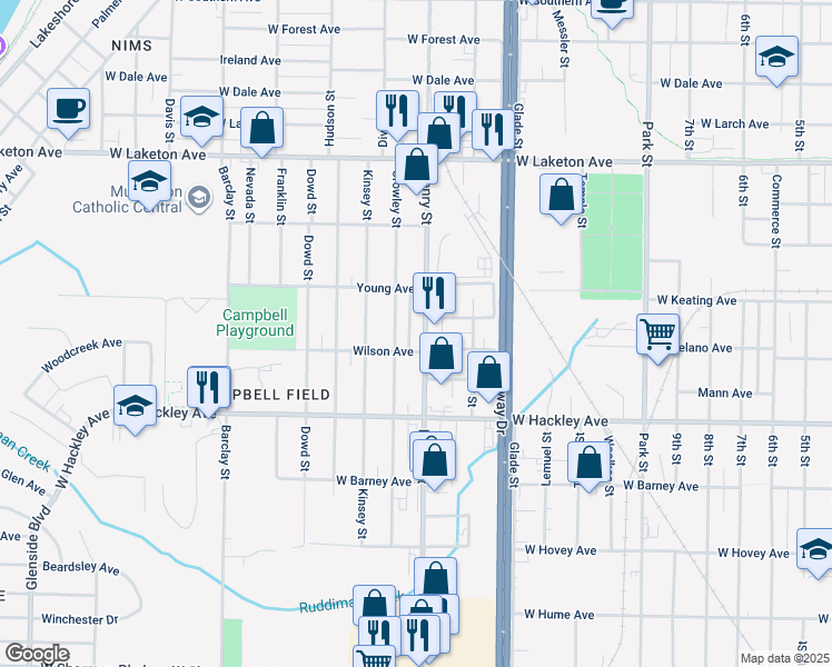 map of restaurants, bars, coffee shops, grocery stores, and more near 2067 Henry Street in Muskegon