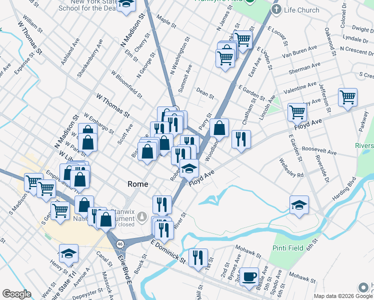 map of restaurants, bars, coffee shops, grocery stores, and more near 119 East Thomas Street in Rome