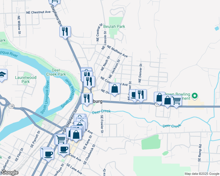 map of restaurants, bars, coffee shops, grocery stores, and more near 444 Northeast Atlanta Street in Roseburg