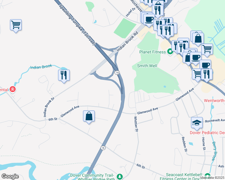map of restaurants, bars, coffee shops, grocery stores, and more near 9 Crestview Drive in Dover