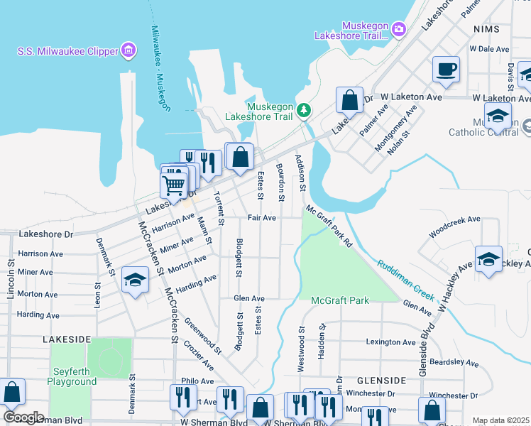 map of restaurants, bars, coffee shops, grocery stores, and more near 2090 Estes Street in Muskegon