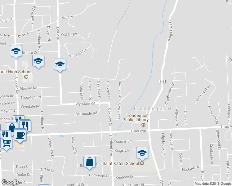 map of restaurants, bars, coffee shops, grocery stores, and more near 37 Westgate Drive in Rochester